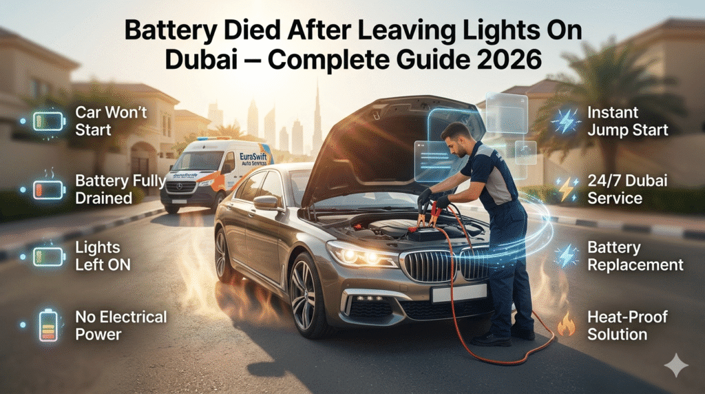 battery died after leaving lights on Dubai showing dead car battery, jump start service and heat impact visual guide 2026