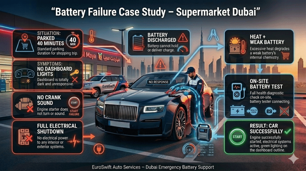 Car battery failure case study in Dubai supermarket showing dead vehicle and mobile jump start technician restoring power.