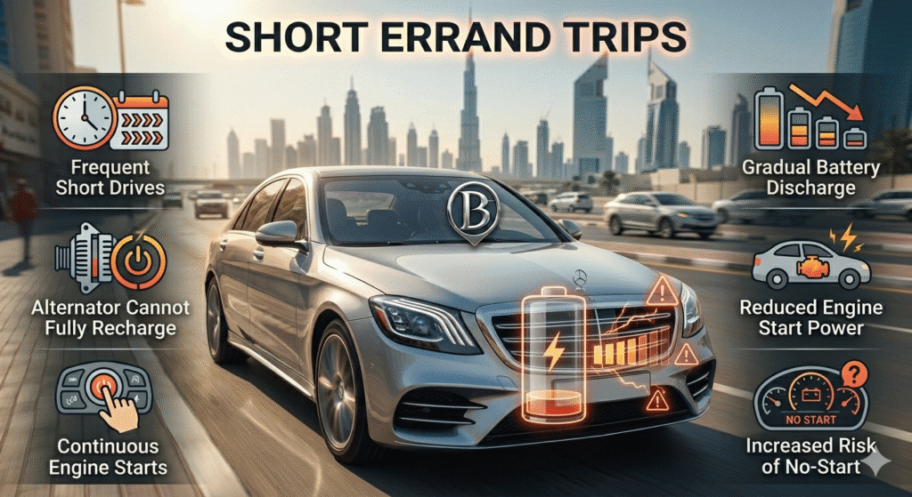 Luxury car in Dubai on short errand trips showing battery partial charge and gradual discharge