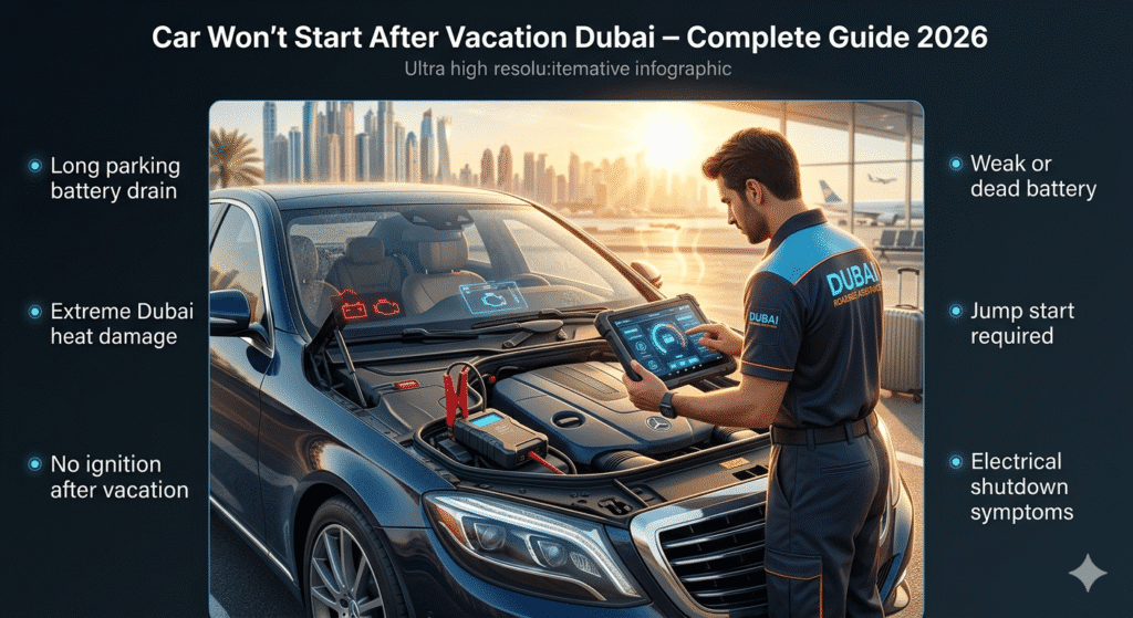 Luxury car not starting after vacation in Dubai with technician performing battery diagnostic and jump start service under extreme heat conditions.