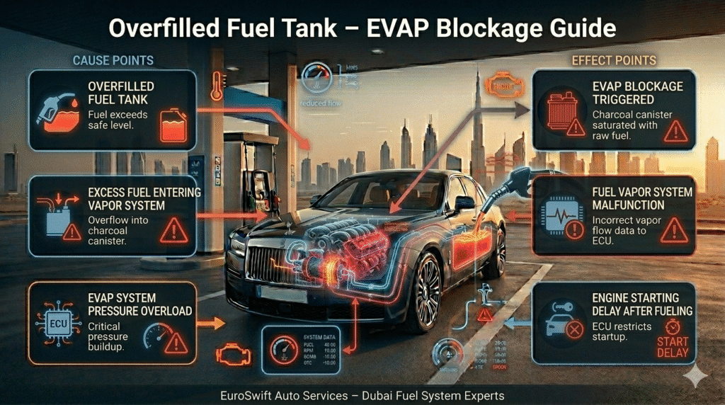 Car fuel tank overfill diagram showing excess fuel triggering EVAP system blockage and causing starting issues after fueling in Dubai.
