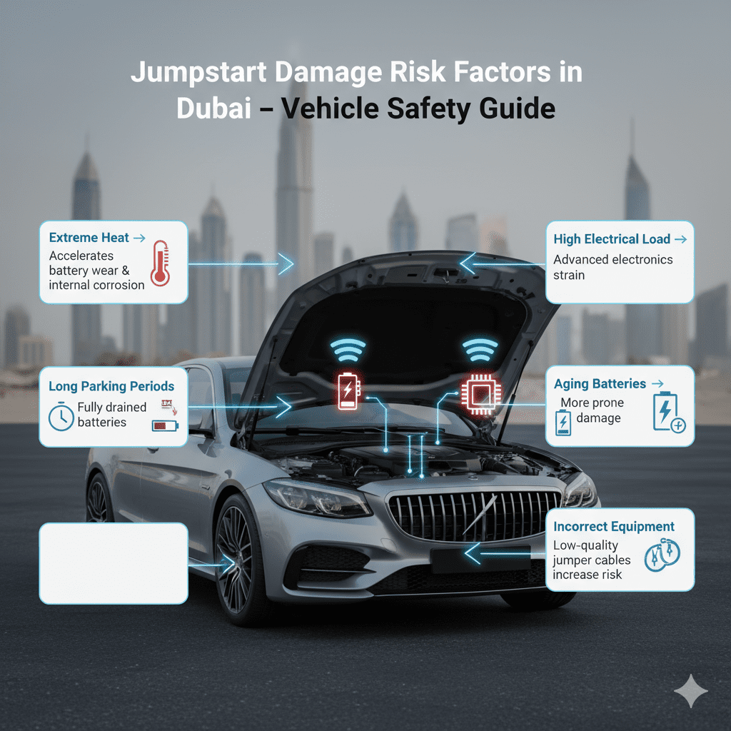Infographic showing jumpstart damage risk factors in Dubai, including extreme heat, long parking, high electrical load, aging batteries, and incorrect jumper cables.