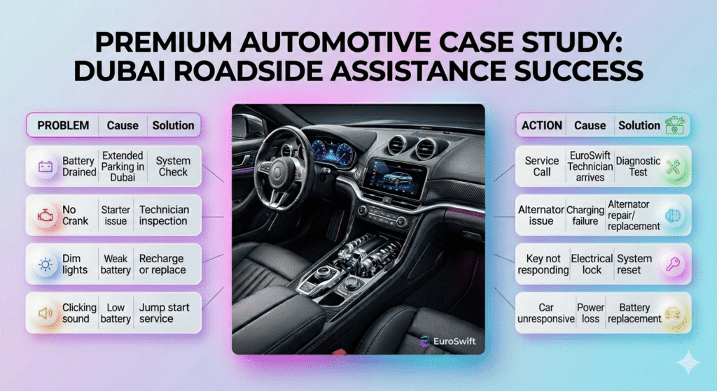 Case Study: Battery Died at Hospital Parking Dubai User guide image showing a case study of a car battery failure in hospital parking Dubai with situation, problem, action, and result displayed around a premium car in the center.