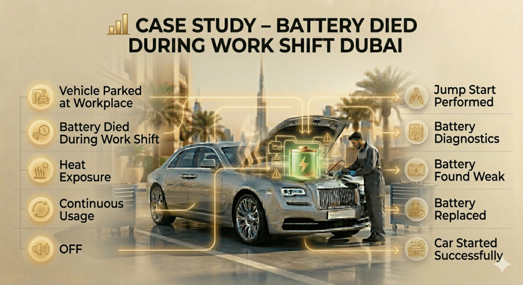 ๐ Case Study โ Battery Died During Work Shift Dubai Case study infographic showing battery died during work shift in Dubai with jump start, diagnostics, and battery replacement