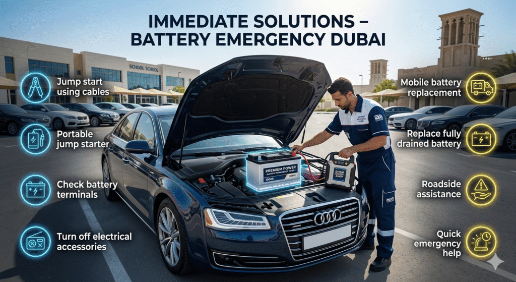 Immediate Solutions for Battery Emergency in Dubai Immediate solutions for car battery emergency in Dubai including jump start and roadside assistance