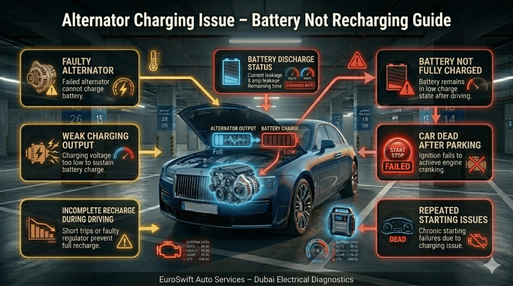 Car alternator charging issue diagram showing weak charging before parking causing battery not fully charged and car not starting.