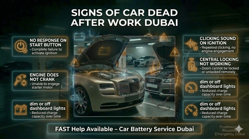 Signs of car dead after work Dubai including no start, clicking sound, and electrical failure symptoms
