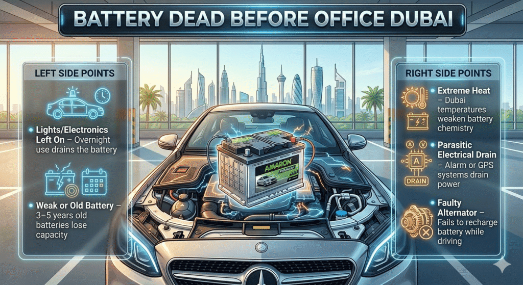 “Battery Dead Before Office Dubai – Animated user guide showing a premium car battery with causes displayed on sides and Dubai cityscape in the background.”