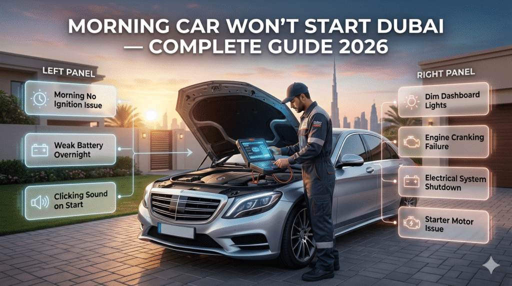 Luxury car in Dubai morning scene with mobile mechanic diagnosing engine start failure using battery testing device and infographic UI showing common starting issues.