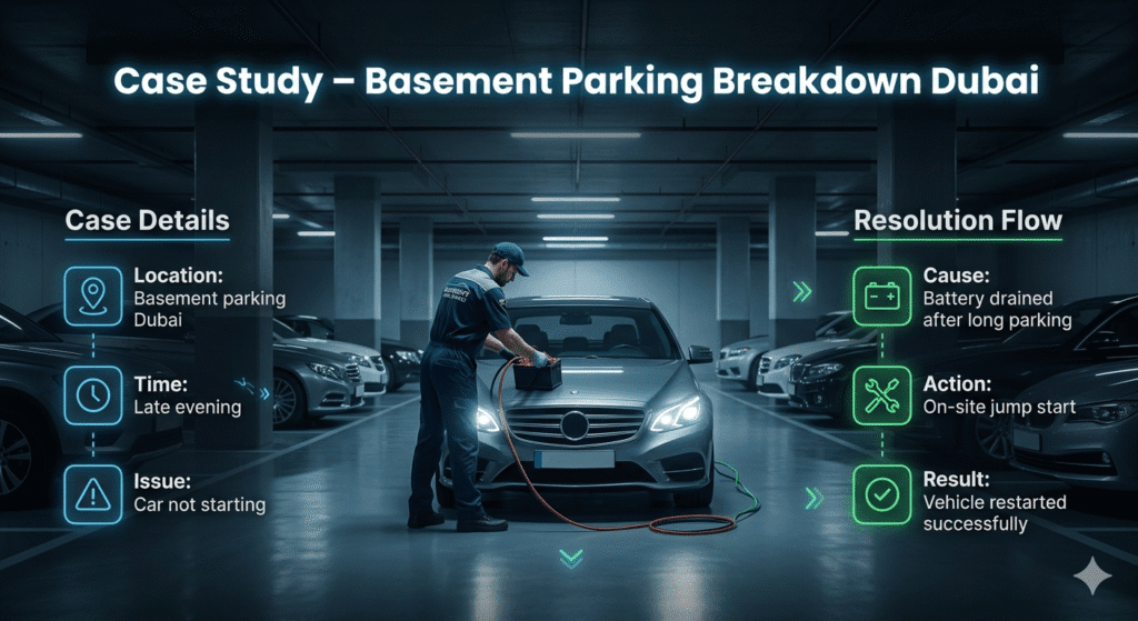 Basement parking breakdown case study Dubai showing dead car battery jump start service and vehicle restart success