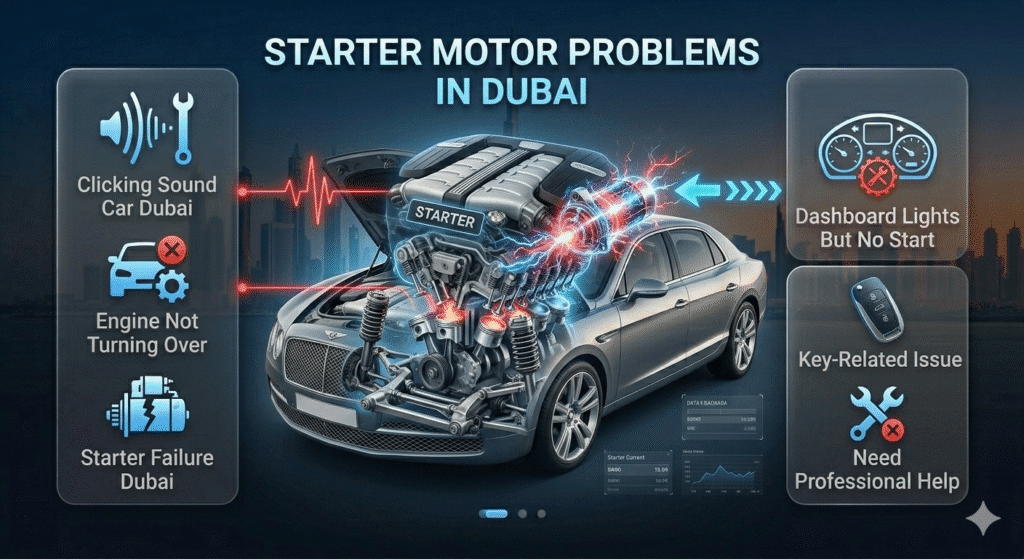 Starter Motor Problems in Dubai – Visual Guide 2026 Starter motor problem Dubai infographic showing clicking sound and engine not turning over issue