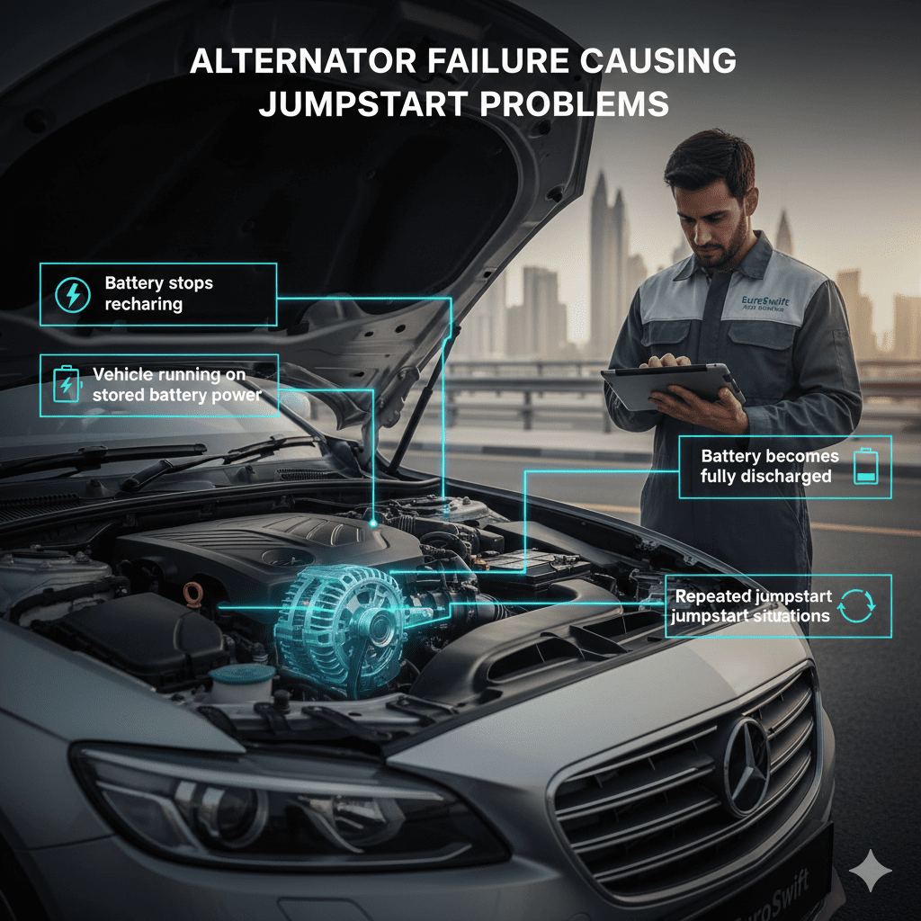 Alternator failure causing jumpstart problems showing a technician inspecting a car alternator with key battery charging issues highlighted.