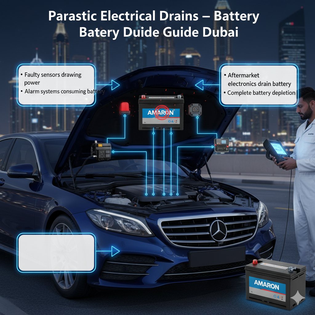 Parasitic Electrical Drains – Battery Drain Guide Dubai Infographic showing how parasitic electrical drains from faulty sensors, alarm systems, and aftermarket electronics can fully deplete a car battery in Dubai, with premium battery replacement option.