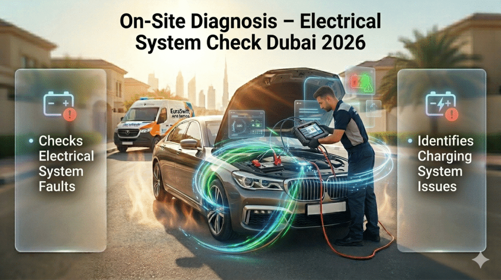 on-site diagnosis Dubai showing technician scanning car battery and electrical system faults