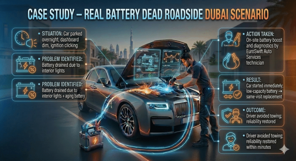Case Study β Real Battery Dead Roadside Dubai Scenario Luxury sedan in Dubai being jumpstarted and diagnosed by a technician with animated infographic bullets showing key case study points