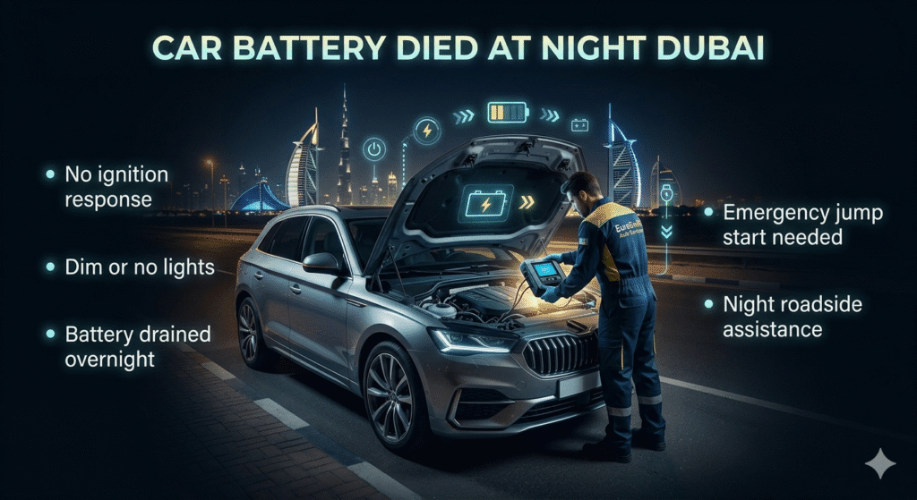 Car battery died at night in Dubai with roadside mechanic performing jump start on luxury vehicle under city lights