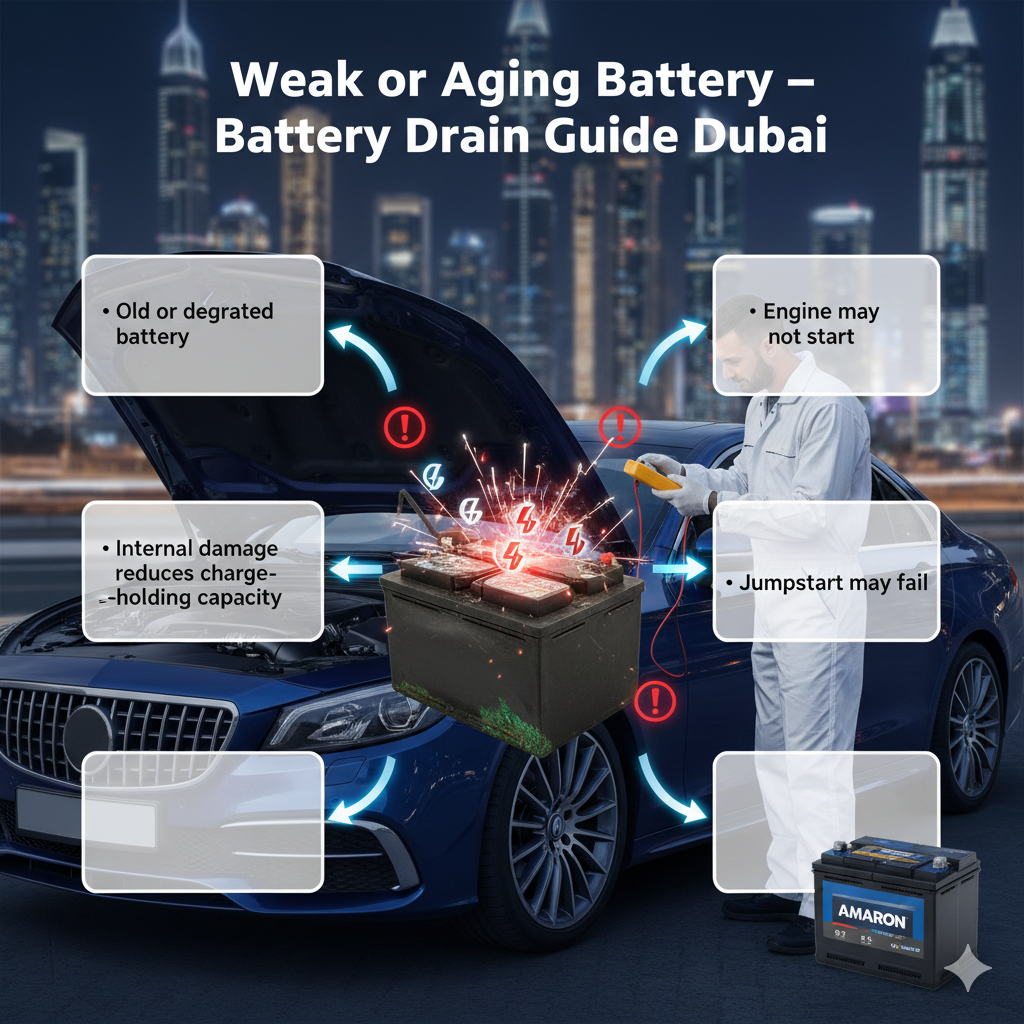 Weak or Aging Battery – Battery Drain Guide Dubai Infographic showing how a weak or aging car battery in Dubai fails to hold charge, causing engine start failure, with premium battery replacement option.