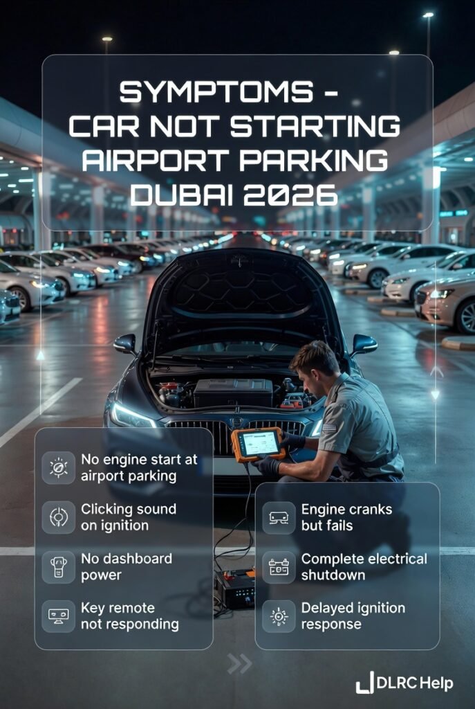 Luxury car breakdown at Dubai airport parking with mobile mechanic diagnosing battery issue and infographic panels showing symptoms of car not starting.