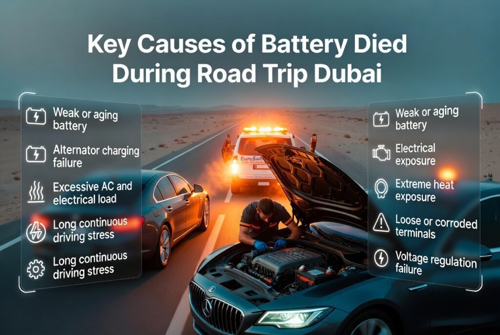 Car breakdown on Dubai road trip highway showing dead battery and technician diagnosing causes of failure
