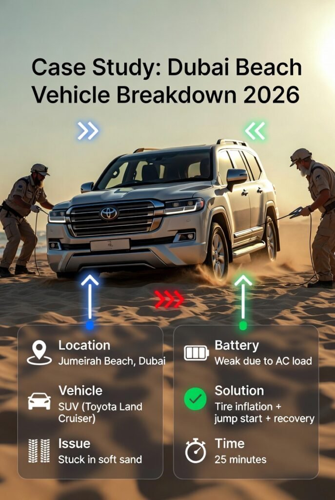 Case study showing a Toyota Land Cruiser stuck in Dubai beach sand with recovery, jump start, and tire inflation solution