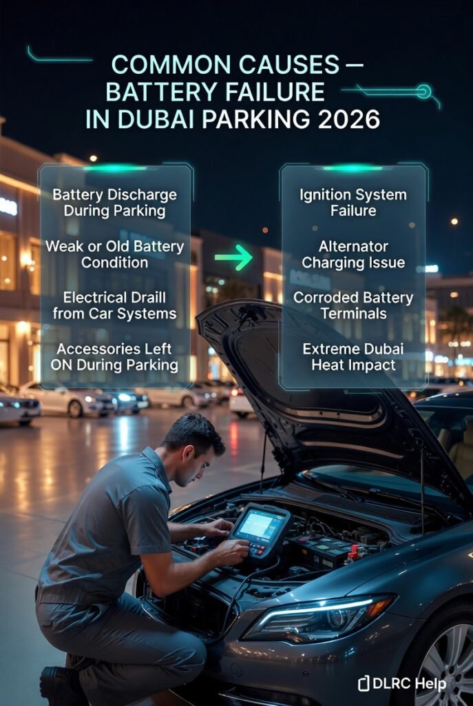 Luxury car in Dubai parking area showing mobile mechanic diagnosing battery failure with infographic list of common causes in a modern UI style.