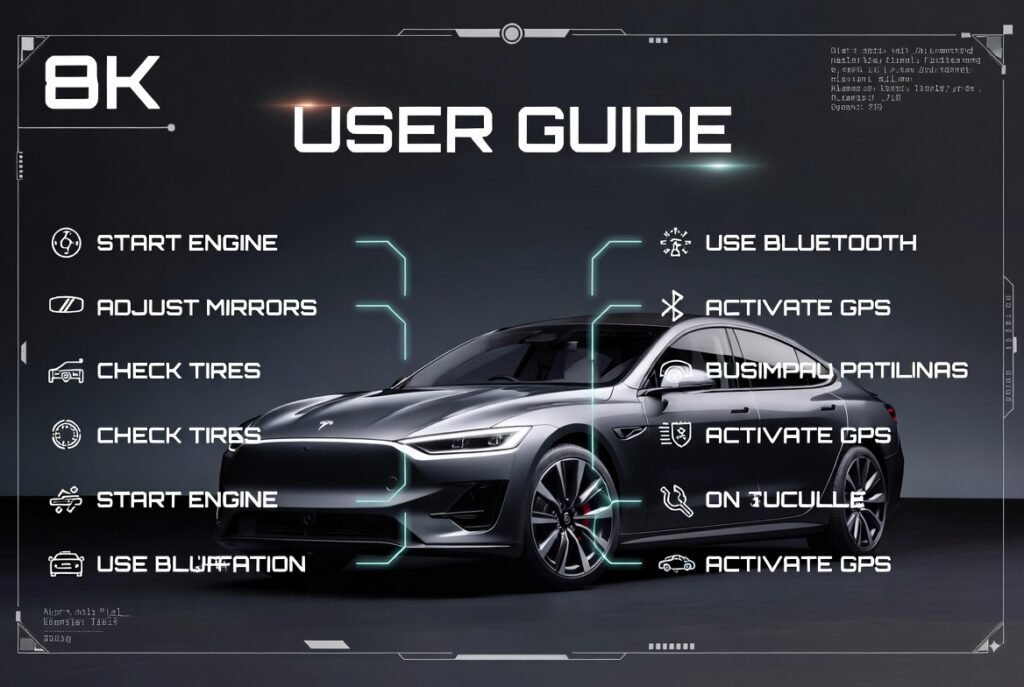 A premium user guide infographic showing a luxury car in the center with bullet points on both sides explaining battery dying after long idle in Dubai, with a bold title on top and modern animated style elements.