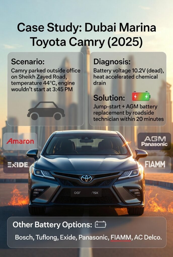 Illustration of Toyota Camry parked outside Dubai Marina office under sun with dashboard dead battery alert. Floating points on sides display scenario, diagnosis, solution, battery options, and outcome. Animated premium battery brand logos (Amaron, Bosch, Exide, AGM, Panasonic, FIAMM, AC Delco) float subtly in background.