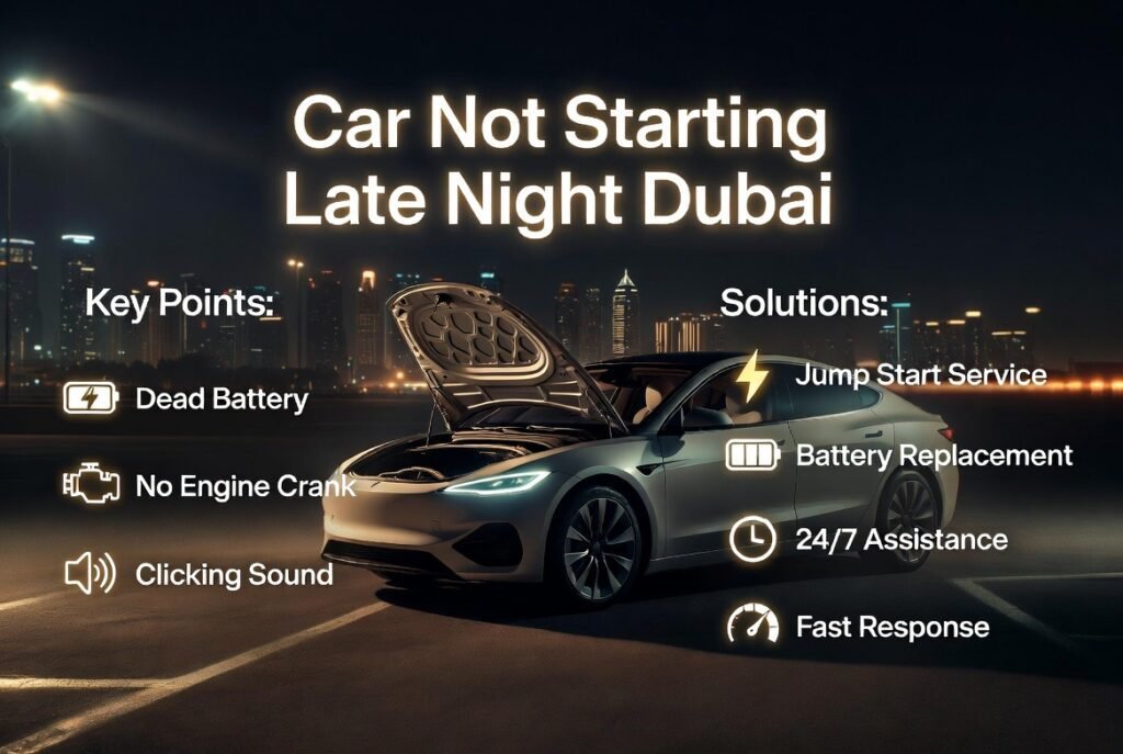 Car not starting late night Dubai showing dead battery problem and emergency jump start solution at night