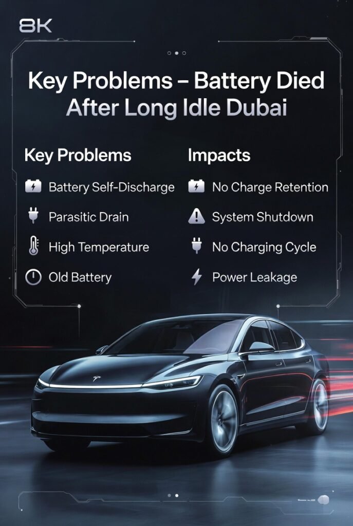 A premium infographic showing a luxury car in the center with bullet points on both sides explaining key problems of battery dying after long idle in Dubai, with a bold title at the top.