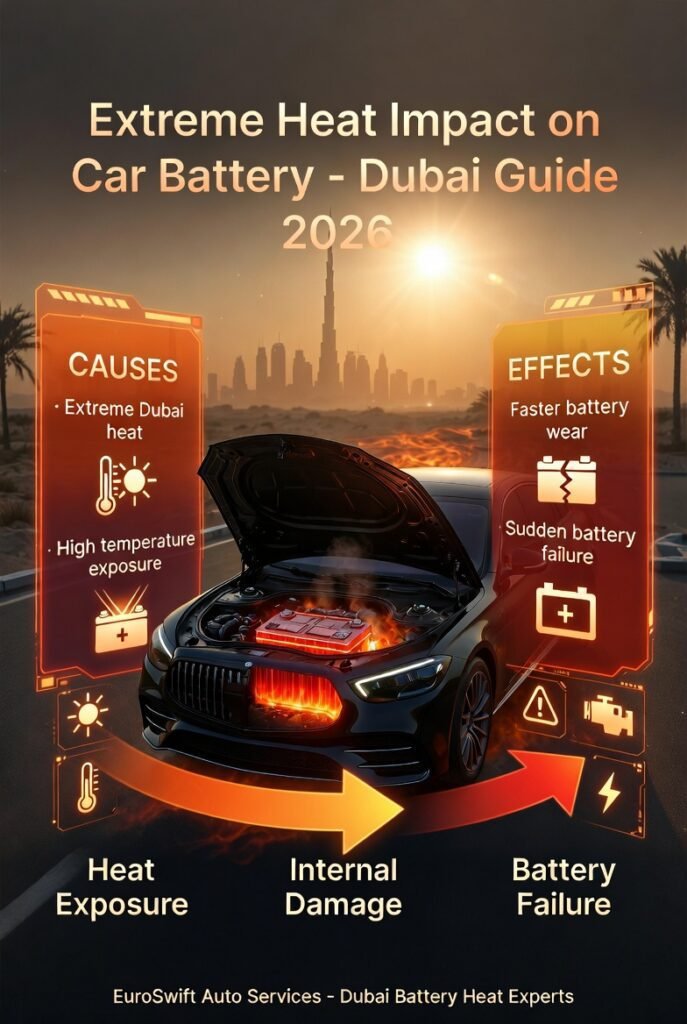 Car battery overheating in extreme Dubai heat causing accelerated wear and sudden failure in vehicle.