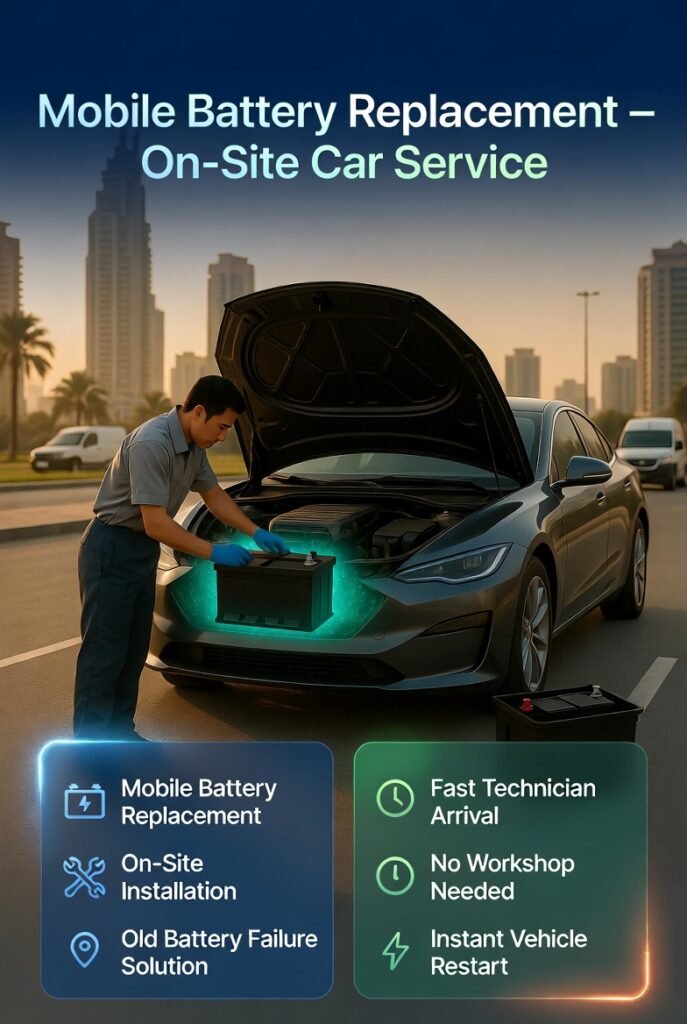 Technician replacing a car battery on-site in Dubai with new battery installation while infographic highlights mobile battery replacement service.