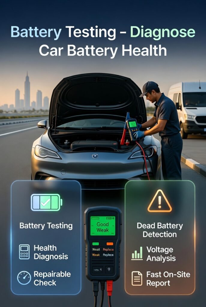 Technician using digital device to test car battery health in Dubai while displaying battery condition results for diagnosis.