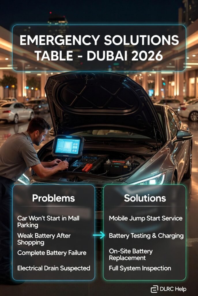Luxury car breakdown in Dubai mall parking showing mobile mechanic performing jump start and battery diagnostic with infographic table of emergency solutions.
