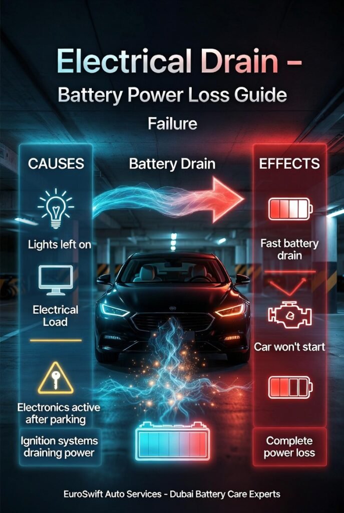 Car battery electrical drain caused by lights and electronics left on, leading to fast power loss and no start condition.