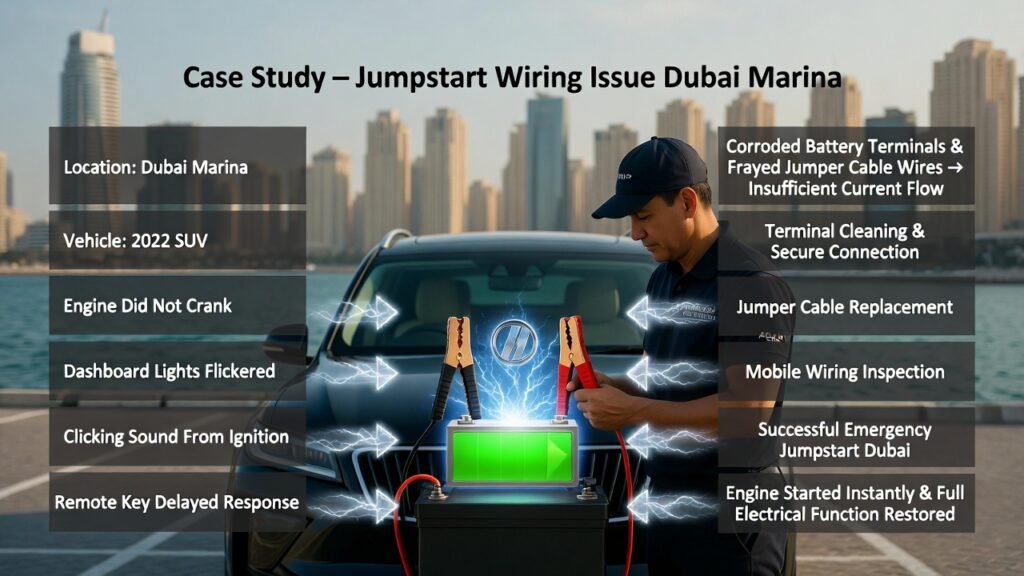 Case Study β Jumpstart Wiring Issue Dubai Marina Infographic showing a 2022 SUV in Dubai Marina undergoing jumpstart by a technician, highlighting wiring issues, corroded terminals, and emergency solutions.