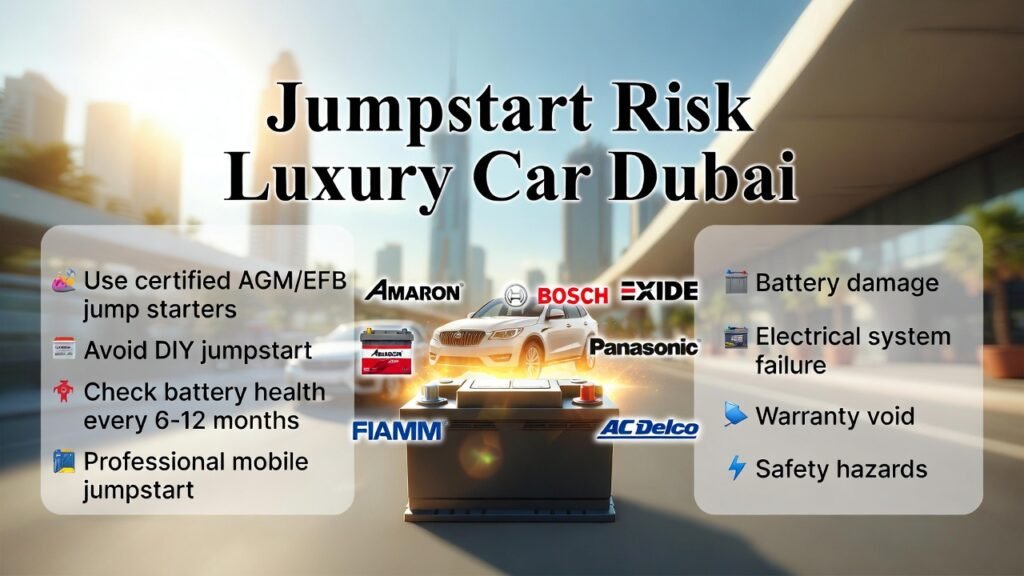 “Infographic showing Jumpstart Risk for Luxury Cars in Dubai with luxury car battery in center, premium battery brand logos, and safety tips on sides.”