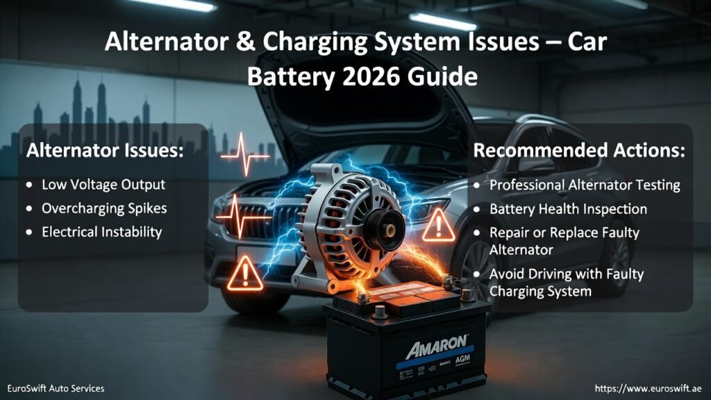 Modern SUV in Dubai with battery and alternator showing low voltage output, overcharging spikes, and electrical instability; infographic highlights solutions.