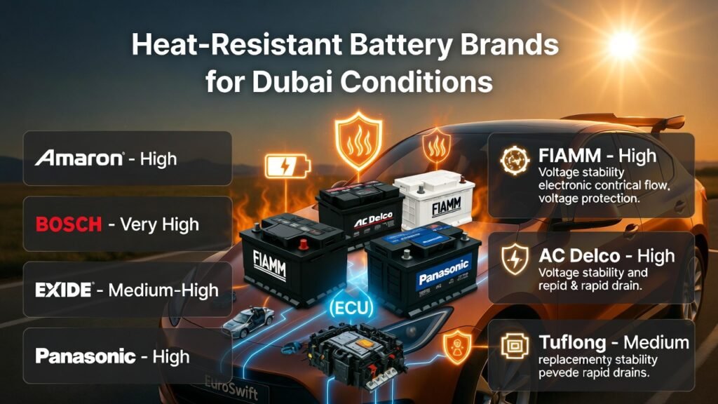 Heat-resistant car battery brands for Dubai including Amaron, Bosch, Exide, Panasonic, FIAMM, AC Delco, and Tuflong, illustrating voltage stability under extreme heat.