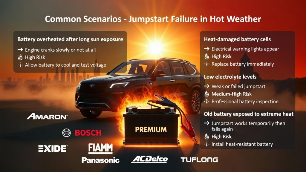 Infographic explaining common jumpstart failure scenarios in hot weather in Dubai with a glowing car battery in the center and side bullet points showing causes, symptoms, and solutions.