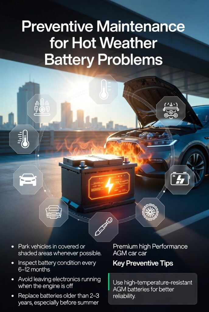 Infographic showing preventive maintenance tips for car batteries in hot weather with a high-performance AGM battery in the center and side bullet points explaining key maintenance practices.