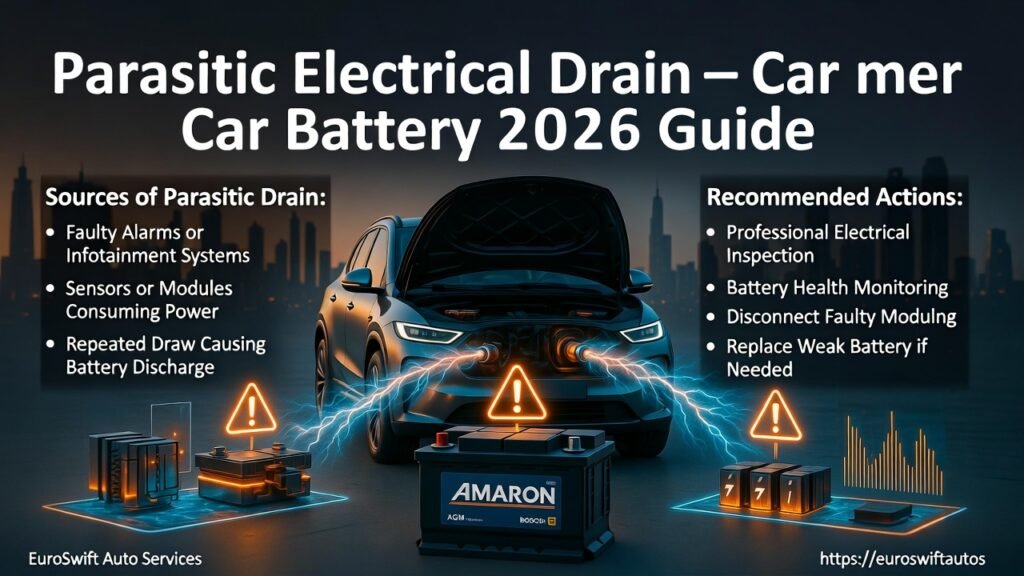 Parked modern SUV in Dubai showing battery under parasitic electrical drain; infographic highlights faulty alarms, sensors, and modules causing battery discharge.