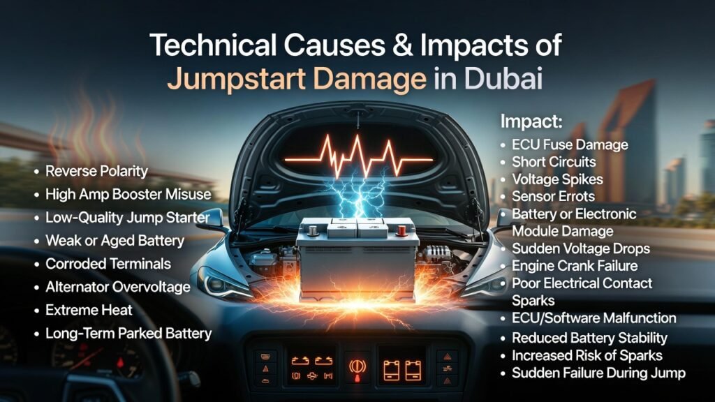 Infographic showing technical causes and impacts of jumpstart damage in Dubai vehicles, including reverse polarity, high amp misuse, low-quality jump starter, weak battery, corroded terminals, alternator overvoltage, extreme heat, long-term parking, and old battery, and their effects on ECU, sensors, electrical modules, engine crank, and battery stability.