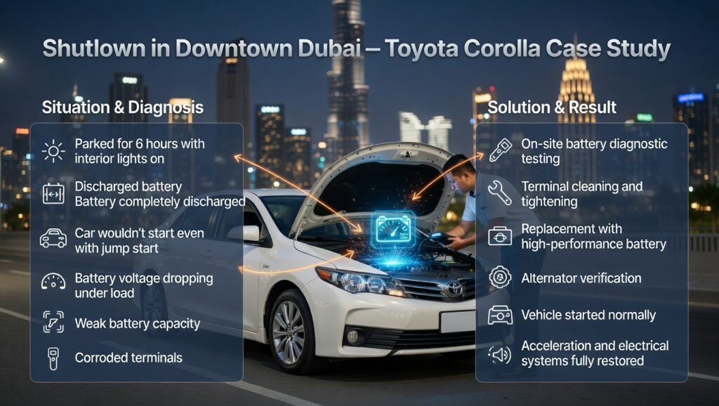 Toyota Corolla battery shutdown case study infographic showing Downtown Dubai incident with diagnostics, battery replacement, and restored performance.