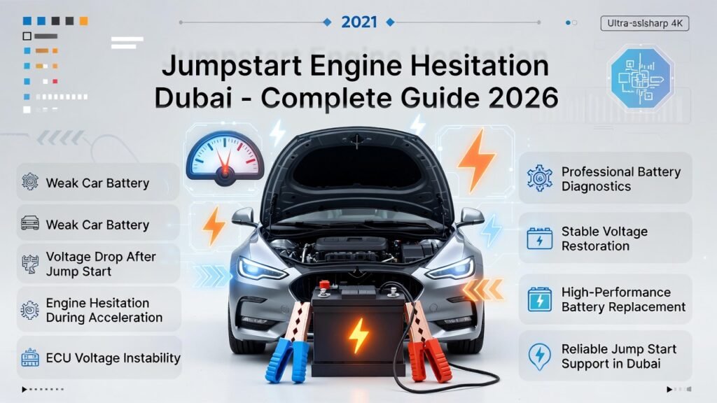 Jumpstart engine hesitation Dubai guide showing car battery jump start with diagnostic points explaining hesitation causes and battery solutions
