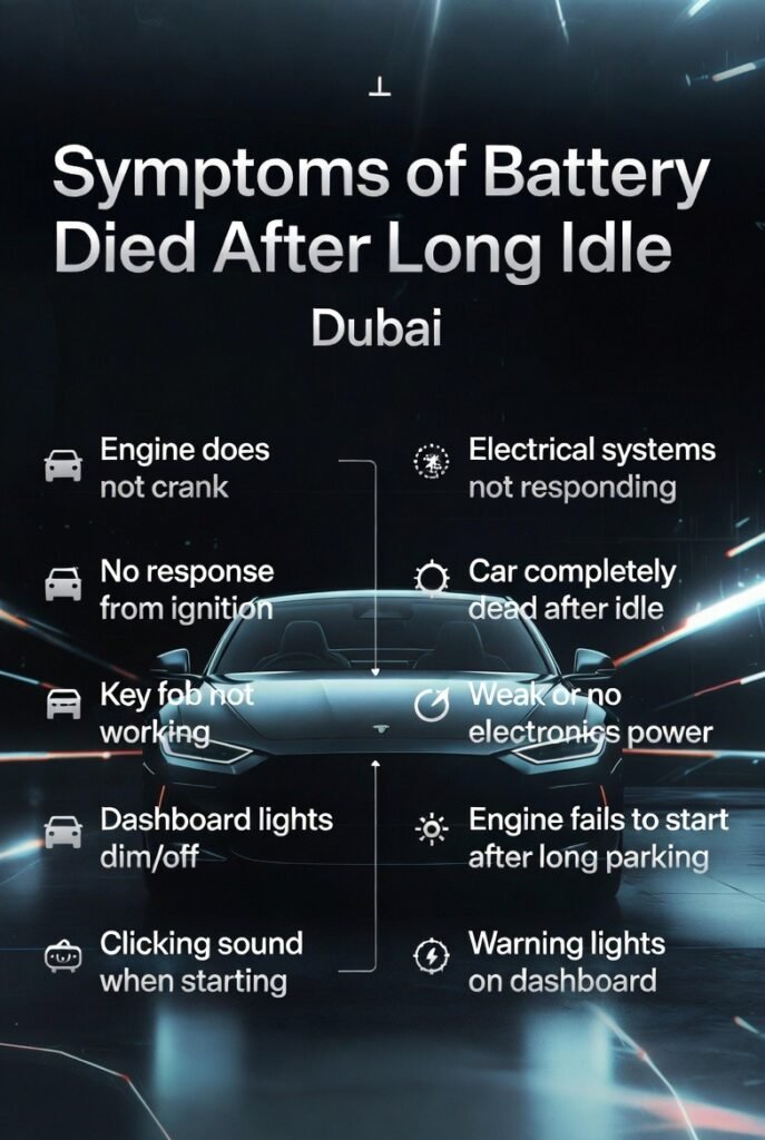 A high-end infographic showing a luxury car in the center with bullet points on both sides listing symptoms of a dead car battery after long idle in Dubai, with a bold title at the top.