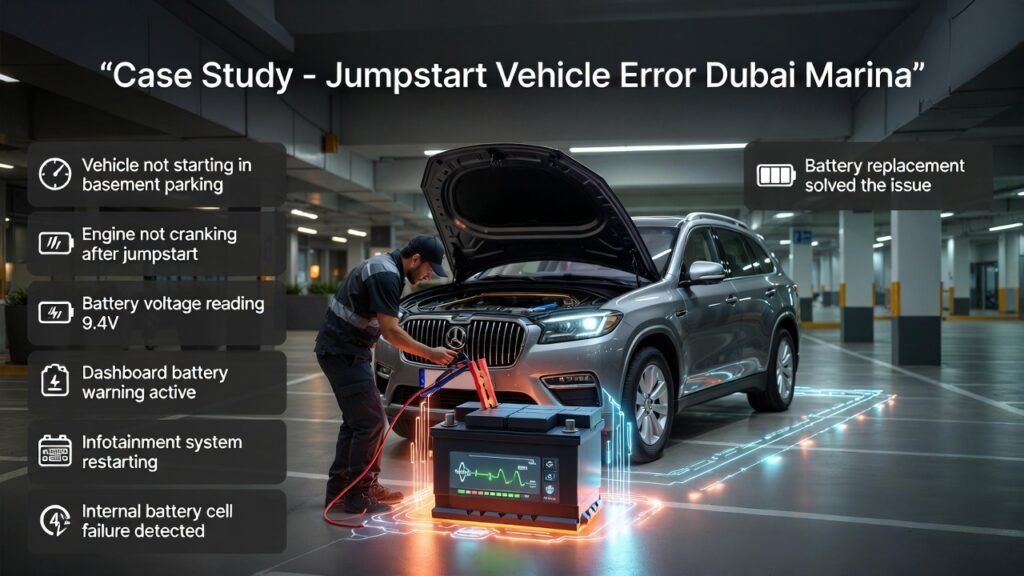 Case Study β Jumpstart Vehicle Error Dubai Marina Case study jumpstart vehicle error Dubai Marina showing luxury SUV battery jumpstart and diagnostic troubleshooting.