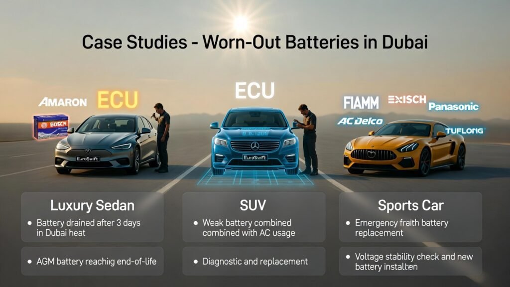 Case studies of worn-out car batteries in Dubai vehicles showing Luxury Sedan, SUV, and Sports Car, with EuroSwift Auto Services technicians performing diagnostics, battery replacements, and stabilizing voltage.