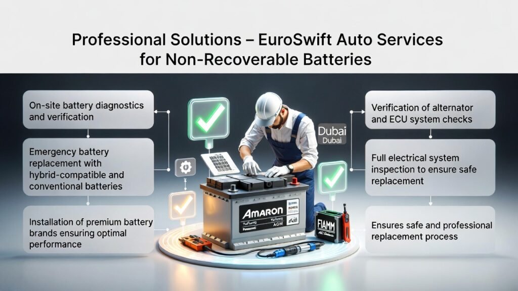Technician performing on-site battery diagnostics and replacement in Dubai with premium batteries (Amaron, Bosch, Tuflong, AGM, Exide, Panasonic, FIAMM, AC Delco), infographic points showing services offered and verification of alternator, ECU, and electrical systems.