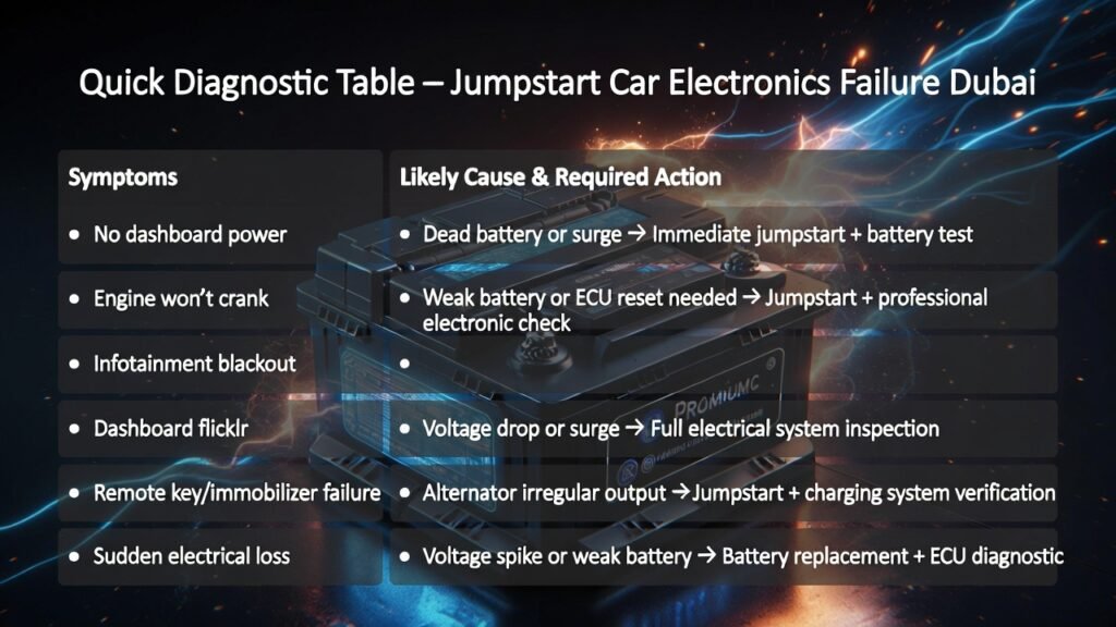 Quick Diagnostic Table – Jumpstart Car Electronics Failure Dubai Premium 4K infographic showing a central premium car battery or electronics system, headline at the top, and a quick diagnostic table with symptoms, likely causes, and required actions displayed on left and right sides with electric glow and animated-style accents.