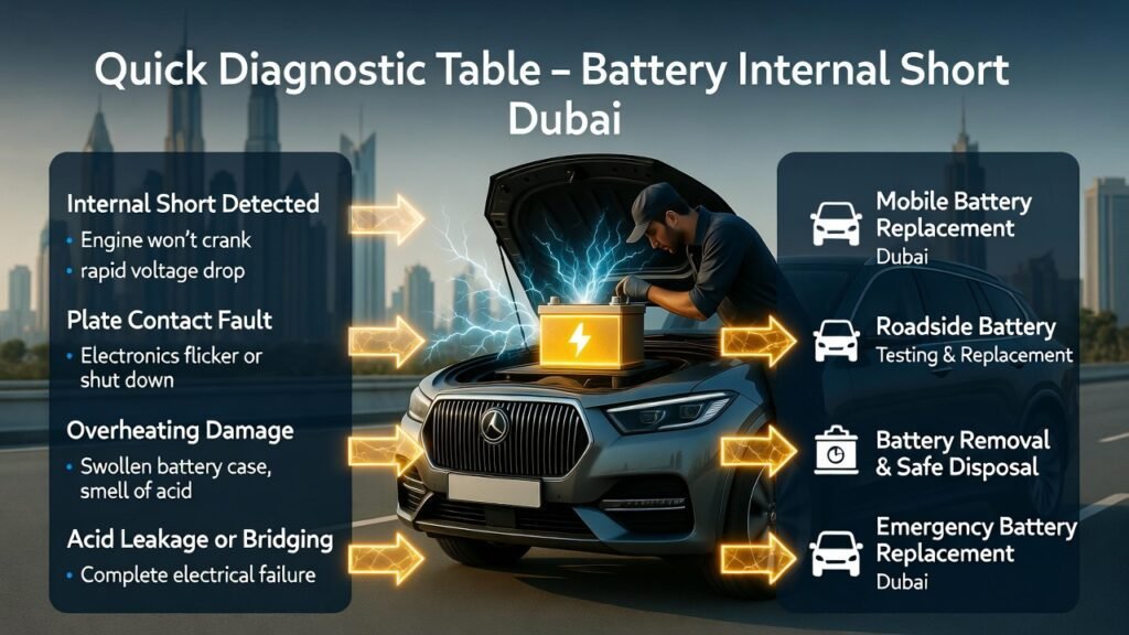 Quick Diagnostic Table β Battery Internal Short Dubai Infographic showing a luxury car in Dubai with a technician performing battery diagnostics and replacement, highlighting internal battery short issues, symptoms, and emergency solutions.